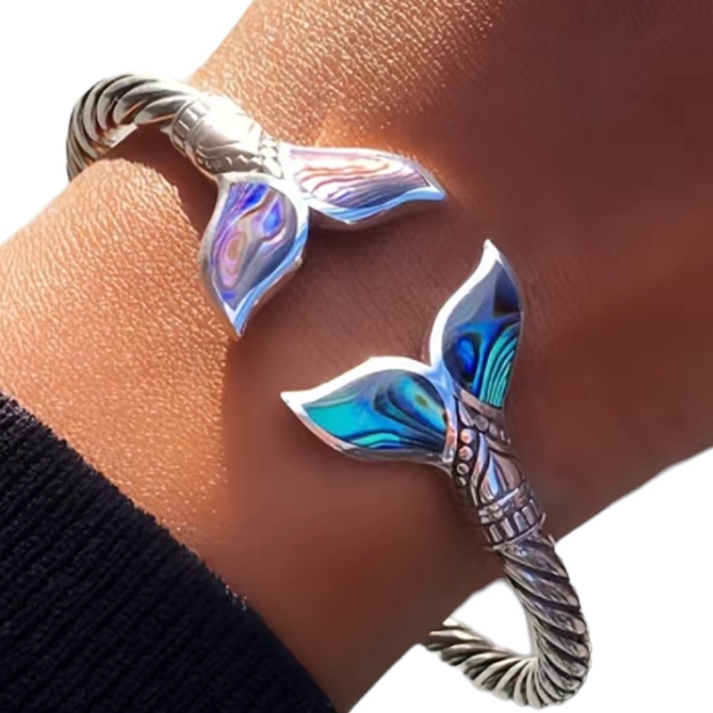 Colorful Whale Tail Decorated Silver Cuff Bracelet